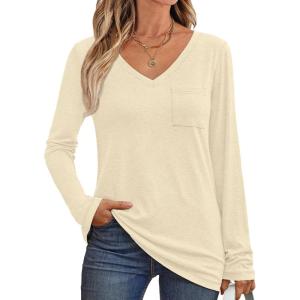 imageAUTOMET Womens Long Sleeve Shirts V Neck Casual Tops with Pockets Loose Dressy Basic Fall Outfits Clothes Winter Trendy 2025Cream