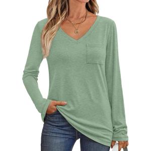 imageAUTOMET Womens Long Sleeve Shirts V Neck Casual Tops with Pockets Loose Dressy Basic Fall Outfits Clothes Winter Trendy 2025Lightgreen