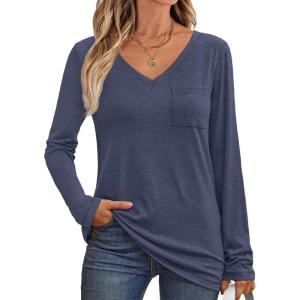 imageAUTOMET Womens Long Sleeve Shirts V Neck Casual Tops with Pockets Loose Dressy Basic Fall Outfits Clothes Winter Trendy 2025Navy