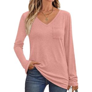 imageAUTOMET Womens Long Sleeve Shirts V Neck Casual Tops with Pockets Loose Dressy Basic Fall Outfits Clothes Winter Trendy 2025Pink