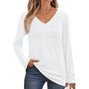 imageAUTOMET Womens Long Sleeve Shirts V Neck Casual Tops with Pockets Loose Dressy Basic Fall Outfits Clothes Winter Trendy 2025White