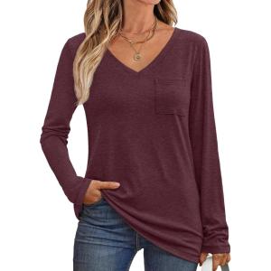 imageAUTOMET Womens Long Sleeve Shirts V Neck Casual Tops with Pockets Loose Dressy Basic Fall Outfits Clothes Winter Trendy 2025Winered