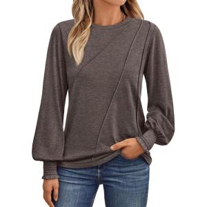imageAUTOMET Womens Long Sleeve Tops Pleated Crew Neck Business Casual Blouses Fashion Clothes 2025 Trendy OutfitsCoffee Gray