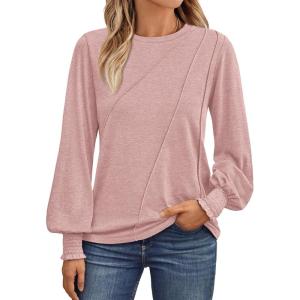 imageAUTOMET Womens Long Sleeve Tops Pleated Crew Neck Business Casual Blouses Fashion Clothes 2025 Trendy OutfitsPink