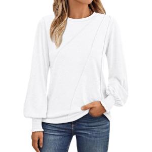 imageAUTOMET Womens Long Sleeve Tops Pleated Crew Neck Business Casual Blouses Fashion Clothes 2025 Trendy OutfitsWhite