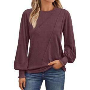 imageAUTOMET Womens Long Sleeve Tops Pleated Crew Neck Business Casual Blouses Fashion Clothes 2025 Trendy OutfitsWine Red