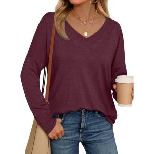imageAUTOMET Womens Long Sleeve V Neck TShirts Basic Loose Fit Casual Tops Trendy Fashion Fall Clothes Outfits 2025 Wine Red L