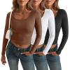 imageAUTOMET 3 Pack Womens Long Sleeve Shirts Fall Fashion Scoop Neck Crop Tops Basic Layer Slim Fit Y2K ClothesBlack white brown
