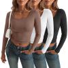 imageAUTOMET 3 Pack Womens Long Sleeve Shirts Fall Fashion Scoop Neck Crop Tops Basic Layer Slim Fit Y2K ClothesBlack white coffee Grey