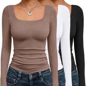 imageAUTOMET 3 Pack Womens Long Sleeve Shirts Fall Fashion Scoop Neck Crop Tops Basic Layer Slim Fit Y2K ClothesBlack white brown