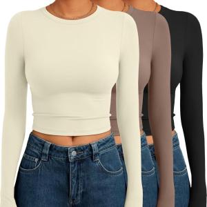 imageAUTOMET 3 Pack Womens Long Sleeve Shirts Y2K Going Out Crop Tops Cute Basic Slim Fitted Fall Fashion Outfits 2025 ClothesApricotcoffegreyblack