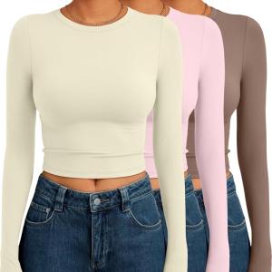 imageAUTOMET 3 Pack Womens Long Sleeve Shirts Y2K Going Out Crop Tops Cute Basic Slim Fitted Fall Fashion Outfits 2025 ClothesApricotpinkcoffegrey