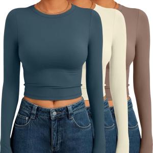 imageAUTOMET 3 Pack Womens Long Sleeve Shirts Y2K Going Out Crop Tops Cute Basic Slim Fitted Fall Fashion Outfits 2025 ClothesBlueapricotcoffegrey