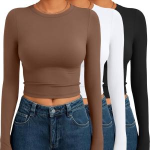 imageAUTOMET 3 Pack Womens Long Sleeve Shirts Y2K Going Out Crop Tops Cute Basic Slim Fitted Fall Fashion Outfits 2025 ClothesBrownwhiteblack