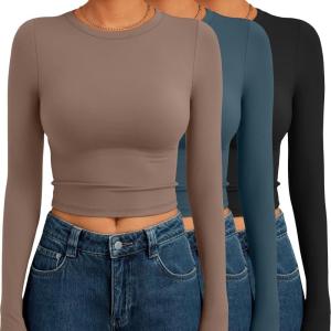 imageAUTOMET 3 Pack Womens Long Sleeve Shirts Y2K Going Out Crop Tops Cute Basic Slim Fitted Fall Fashion Outfits 2025 ClothesCoffegreyblueblack