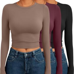 imageAUTOMET 3 Pack Womens Long Sleeve Shirts Y2K Going Out Crop Tops Cute Basic Slim Fitted Fall Fashion Outfits 2025 ClothesCoffegreywineredblack