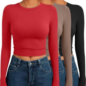 imageAUTOMET 3 Pack Womens Long Sleeve Shirts Y2K Going Out Crop Tops Cute Basic Slim Fitted Fall Fashion Outfits 2025 ClothesRedcoffegreyblack