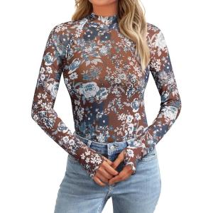 imageAUTOMET Lace Long Sleeve Floral Mesh Mockneck Going Out Tops for Women Fall Fashion Outfits 2025Floralbrown