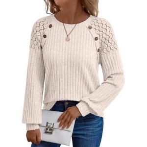 imageAUTOMET Long Sleeve Shirts Womens Lace Lightweight Sweaters Fall Business Dressy Casual TopsApricot