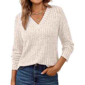 imageAUTOMET Long Sleeve Shirts Womens Tops Fall Fashion Business Casual Outfits 2025 V Neck T Shirts Sweaters TrendyApricot