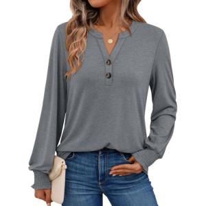 imageAUTOMET Long Sleeve Shirts Womens Tops Henley Dressy Casual Blouses Fall Outfits 2025 Trendy Loose Fit Comfy Winter ClothesGrey