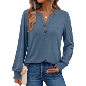 imageAUTOMET Long Sleeve Shirts Womens Tops Henley Dressy Casual Blouses Fall Outfits 2025 Trendy Loose Fit Comfy Winter ClothesGrey Blue