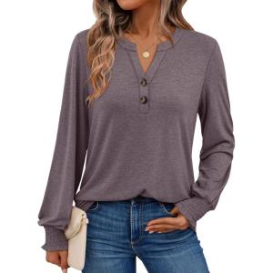 imageAUTOMET Long Sleeve Shirts Womens Tops Henley Dressy Casual Blouses Fall Outfits 2025 Trendy Loose Fit Comfy Winter ClothesGrey Purple