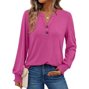 imageAUTOMET Long Sleeve Shirts Womens Tops Henley Dressy Casual Blouses Fall Outfits 2025 Trendy Loose Fit Comfy Winter ClothesHot Pink