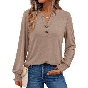 imageAUTOMET Long Sleeve Shirts Womens Tops Henley Dressy Casual Blouses Fall Outfits 2025 Trendy Loose Fit Comfy Winter ClothesKhaki