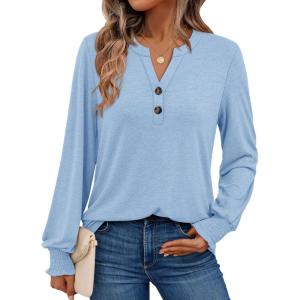 imageAUTOMET Long Sleeve Shirts Womens Tops Henley Dressy Casual Blouses Fall Outfits 2025 Trendy Loose Fit Comfy Winter ClothesLight Blue