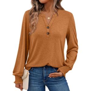 imageAUTOMET Long Sleeve Shirts Womens Tops Henley Dressy Casual Blouses Fall Outfits 2025 Trendy Loose Fit Comfy Winter ClothesLight Caramel