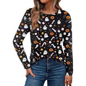 imageAUTOMET Long Sleeve Shirts for Women Pleated Dressy Casual Business Blouses Trendy Fashion Tunic Basic TopsHalloween Print