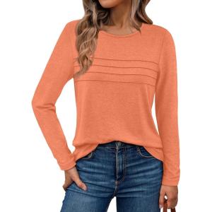 imageAUTOMET Long Sleeve Shirts for Women Pleated Dressy Casual Business Blouses Trendy Fashion Tunic Basic TopsOrange