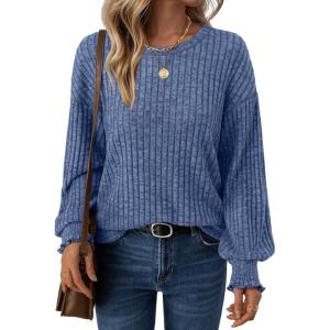 imageAUTOMET Long Sleeve Shirts for Women Tops Fall Fashion Outfits 2025 Crewneck Sweaters Trendy Blouse Dressy CasualBlue