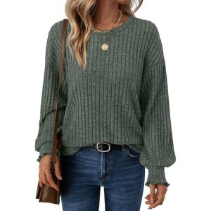 imageAUTOMET Long Sleeve Shirts for Women Tops Fall Fashion Outfits 2025 Crewneck Sweaters Trendy Blouse Dressy CasualGreen