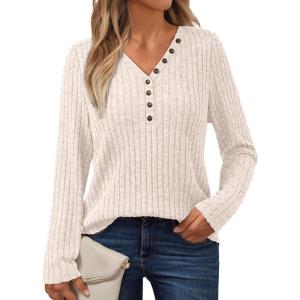 imageAUTOMET Sweater for Women Long Sleeve Henley Shirts Dressy Casual Tunic Tops Deep V Neck Sweaters Fall Outfits 2025Apricot