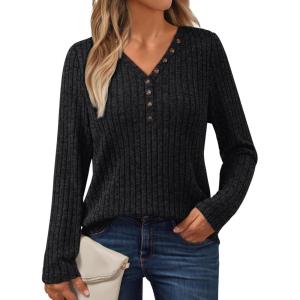 imageAUTOMET Sweater for Women Long Sleeve Henley Shirts Dressy Casual Tunic Tops Deep V Neck Sweaters Fall Outfits 2025Black