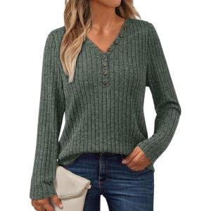 imageAUTOMET Sweater for Women Long Sleeve Henley Shirts Dressy Casual Tunic Tops Deep V Neck Sweaters Fall Outfits 2025Green