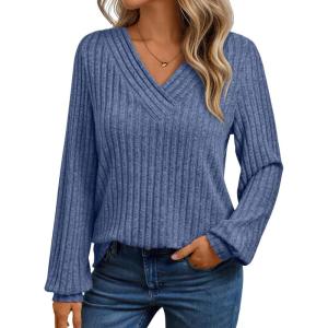 imageAUTOMET Women Long Sleeve Shirts Fall V Neck Work Tops 2025 Fashion Tunic Sweaters Dressy Casual Winter Blouse Trendy OutfitsBlue