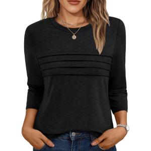 imageAUTOMET Womens 34 Length Sleeve Tops Crew Neck Casual Tunics Dressy Pleated T Shirts Summer Blouses 2025Black