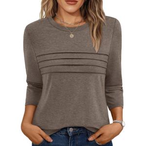 imageAUTOMET Womens 34 Length Sleeve Tops Crew Neck Casual Tunics Dressy Pleated T Shirts Summer Blouses 2025Coffeegrey