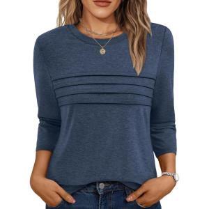 imageAUTOMET Womens 34 Length Sleeve Tops Crew Neck Casual Tunics Dressy Pleated T Shirts Summer Blouses 2025Darkblue