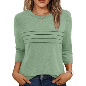 imageAUTOMET Womens 34 Length Sleeve Tops Crew Neck Casual Tunics Dressy Pleated T Shirts Summer Blouses 2025Lightgreen