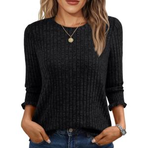 imageAUTOMET Womens 34 Sleeve Tops T Shirts Summer Sweater Round Neck Casual Top Ladies Tops Business Casual BlousesBlack