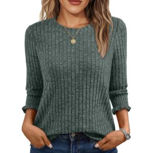 imageAUTOMET Womens 34 Sleeve Tops T Shirts Summer Sweater Round Neck Casual Top Ladies Tops Business Casual BlousesGreen