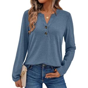imageAUTOMET Womens Long Sleeve Shirts 2025 Fall Fashion Dressy Casual Tops Trendy Henley Blouses Cute Work Outfits ClothesBlue
