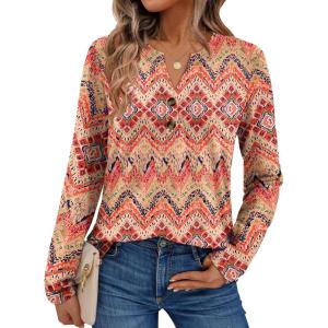 imageAUTOMET Womens Long Sleeve Shirts 2025 Fall Fashion Dressy Casual Tops Trendy Henley Blouses Cute Work Outfits ClothesBoho Orange