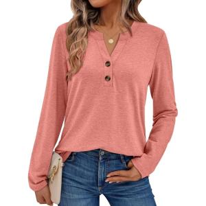 imageAUTOMET Womens Long Sleeve Shirts 2025 Fall Fashion Dressy Casual Tops Trendy Henley Blouses Cute Work Outfits ClothesCoral