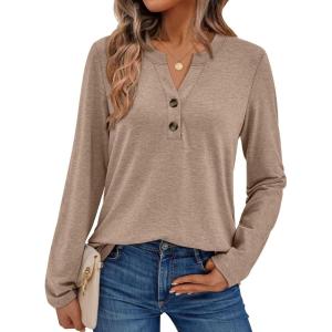 imageAUTOMET Womens Long Sleeve Shirts 2025 Fall Fashion Dressy Casual Tops Trendy Henley Blouses Cute Work Outfits ClothesKhaki