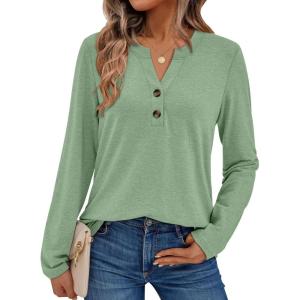 imageAUTOMET Womens Long Sleeve Shirts 2025 Fall Fashion Dressy Casual Tops Trendy Henley Blouses Cute Work Outfits ClothesLight Green